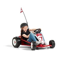 girl drifting in the red go-kart with a large number 7 on the front